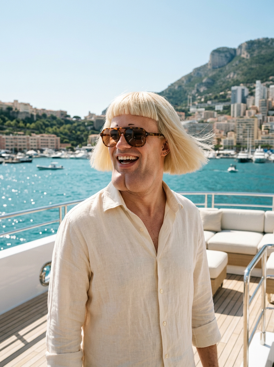 Gerald Pumpkins laughing on a yacht deck in Monaco wearing tortoiseshell aviators