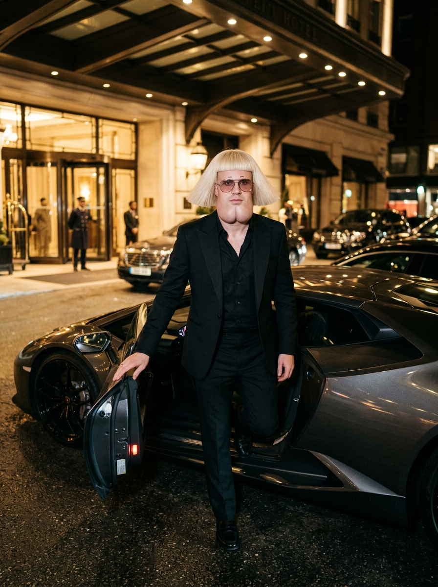 Gerald Pumpkins in an all black suit stepping out of a Lamborghini at night